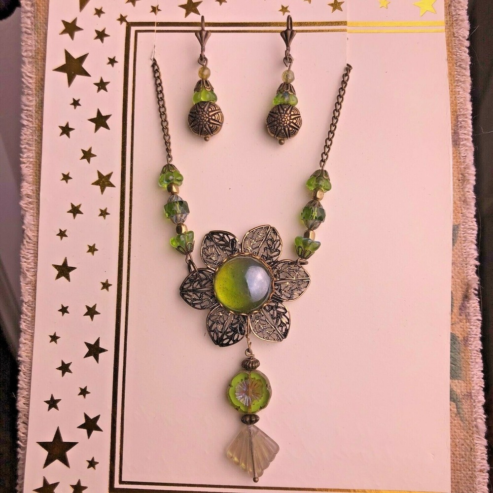 Green Czech Glass Pendant Necklace Set~ Victorian Revival~Upcycled Artisan Made